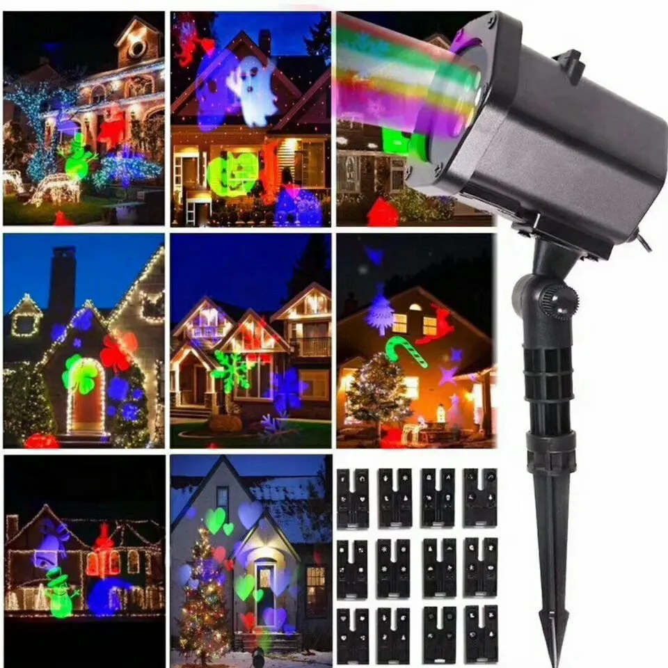 Festive Projector Lights, 12 Card LED Outdoor Indoor Landscape Projection Lamp Waterproof Mobile Spotlight Halloween Christmas Wedding Parties etc