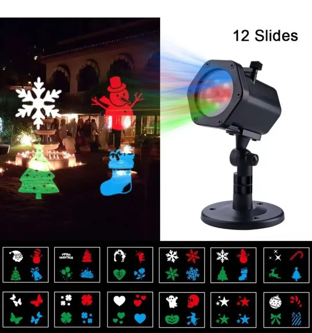 Festive Projector Lights, 12 Card LED Outdoor Indoor Landscape Projection Lamp Waterproof Mobile Spotlight Halloween Christmas Wedding Parties etc