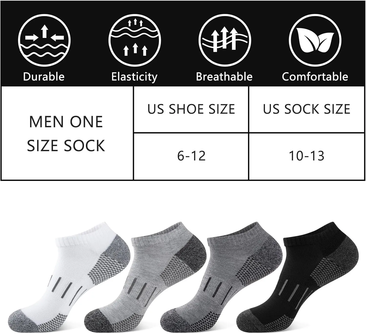 Heatuff Mens Athletic Ankle Socks Moisture Wicking Cushion Running Low Cut Sock 6 Pack