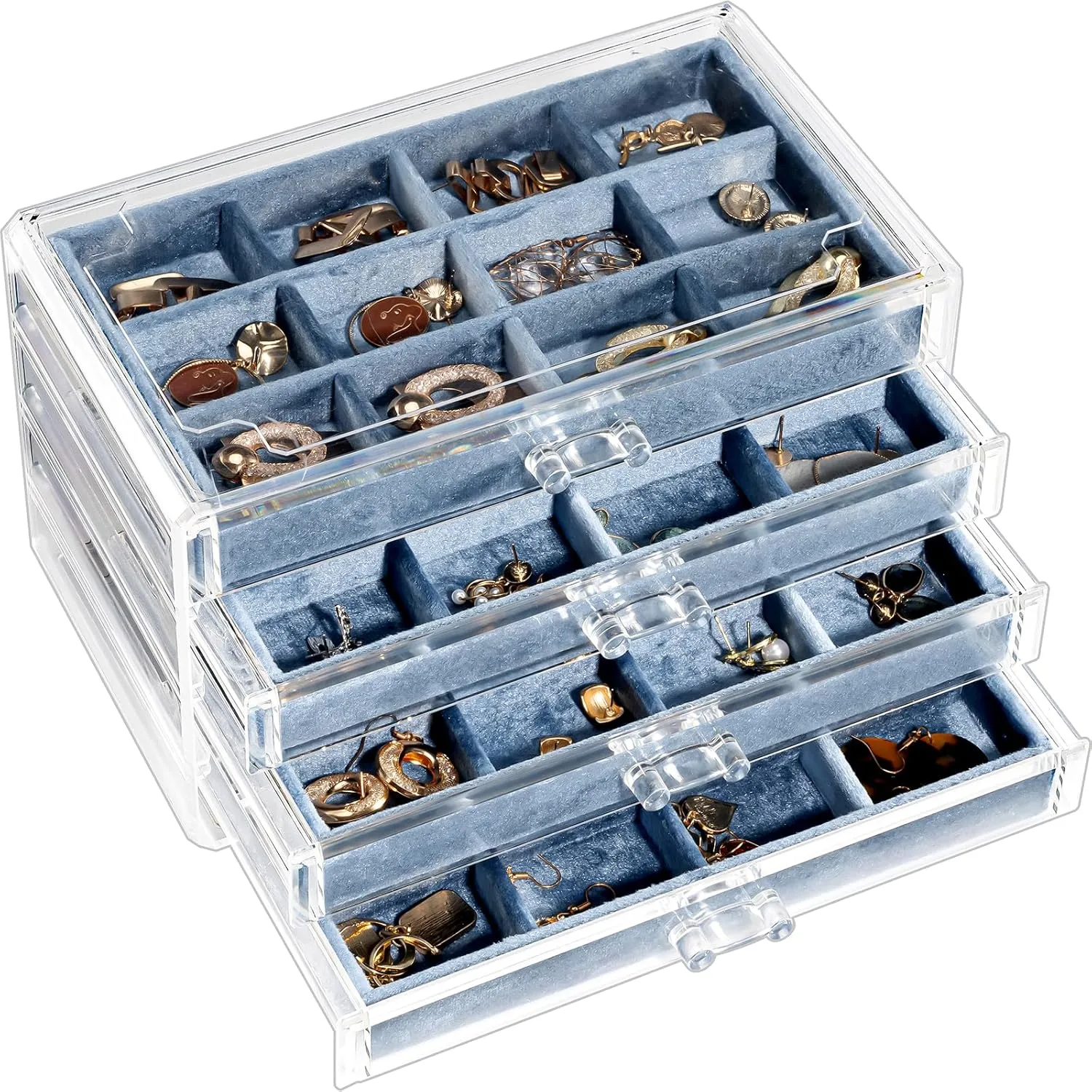 Lolalet Earring Holder Organizer Box Jewelry Storage with 4 Drawers, Clear Acrylic Stackable Earring Case with Adjustable Velvet Trays for Women on Dresser Vanity -Blue, 4 Layers