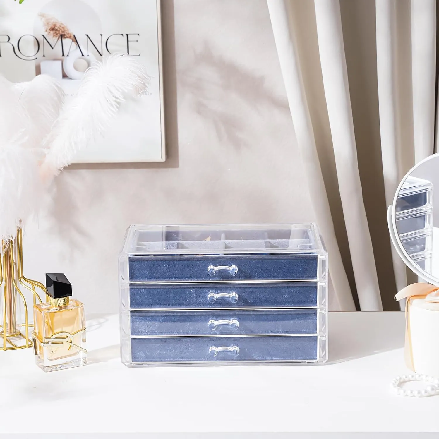 Lolalet Earring Holder Organizer Box Jewelry Storage with 4 Drawers, Clear Acrylic Stackable Earring Case with Adjustable Velvet Trays for Women on Dresser Vanity -Blue, 4 Layers