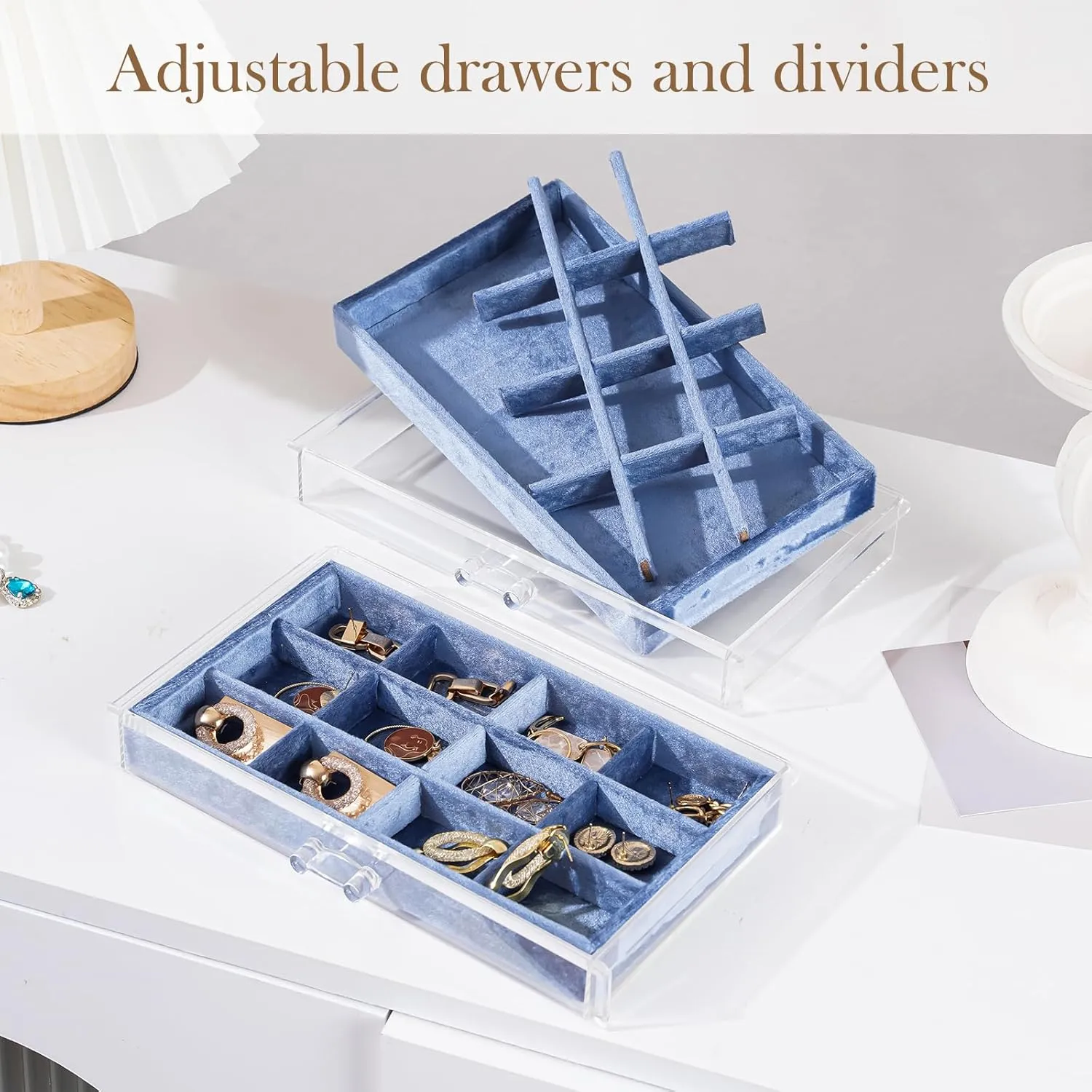 Lolalet Earring Holder Organizer Box Jewelry Storage with 4 Drawers, Clear Acrylic Stackable Earring Case with Adjustable Velvet Trays for Women on Dresser Vanity -Blue, 4 Layers