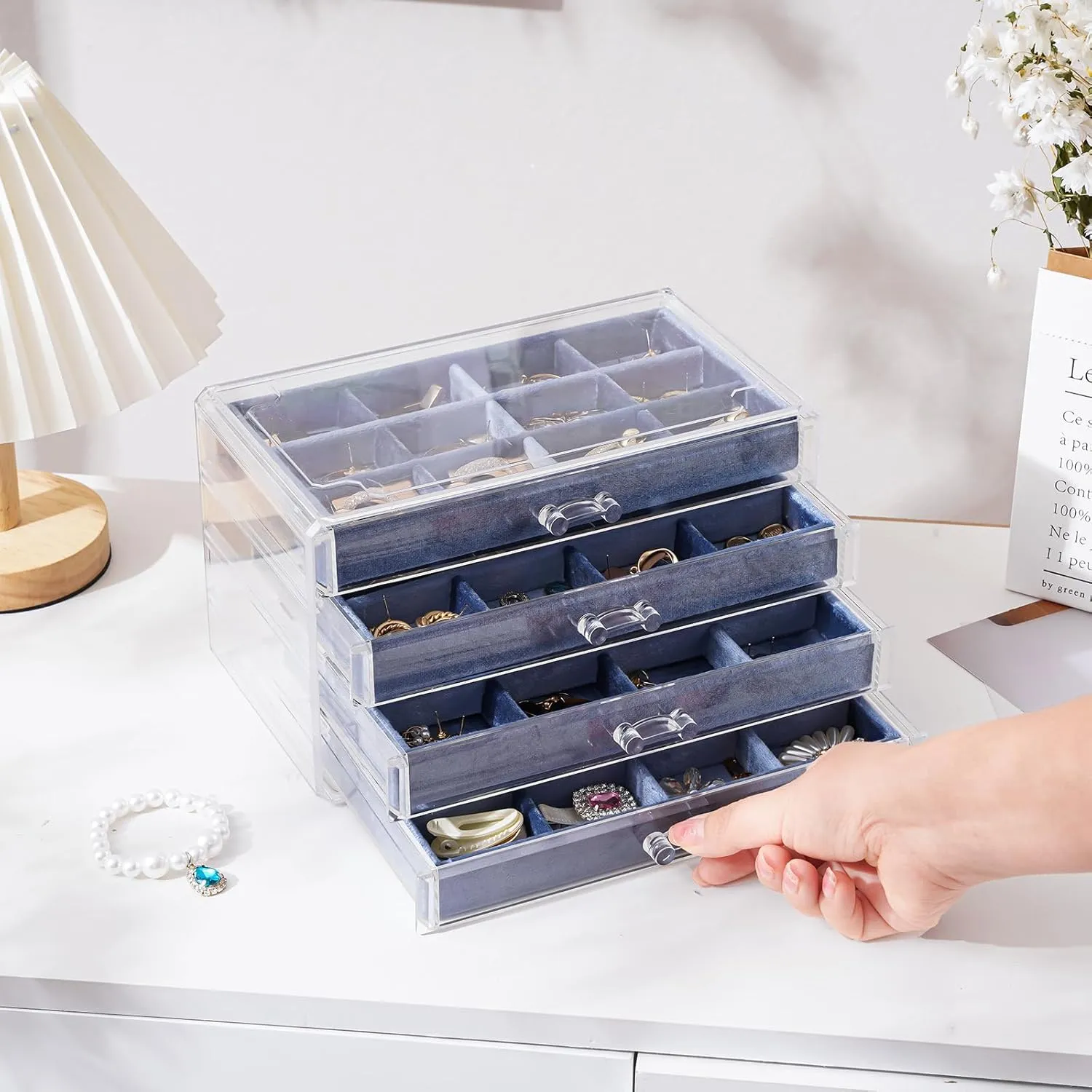Lolalet Earring Holder Organizer Box Jewelry Storage with 4 Drawers, Clear Acrylic Stackable Earring Case with Adjustable Velvet Trays for Women on Dresser Vanity -Blue, 4 Layers
