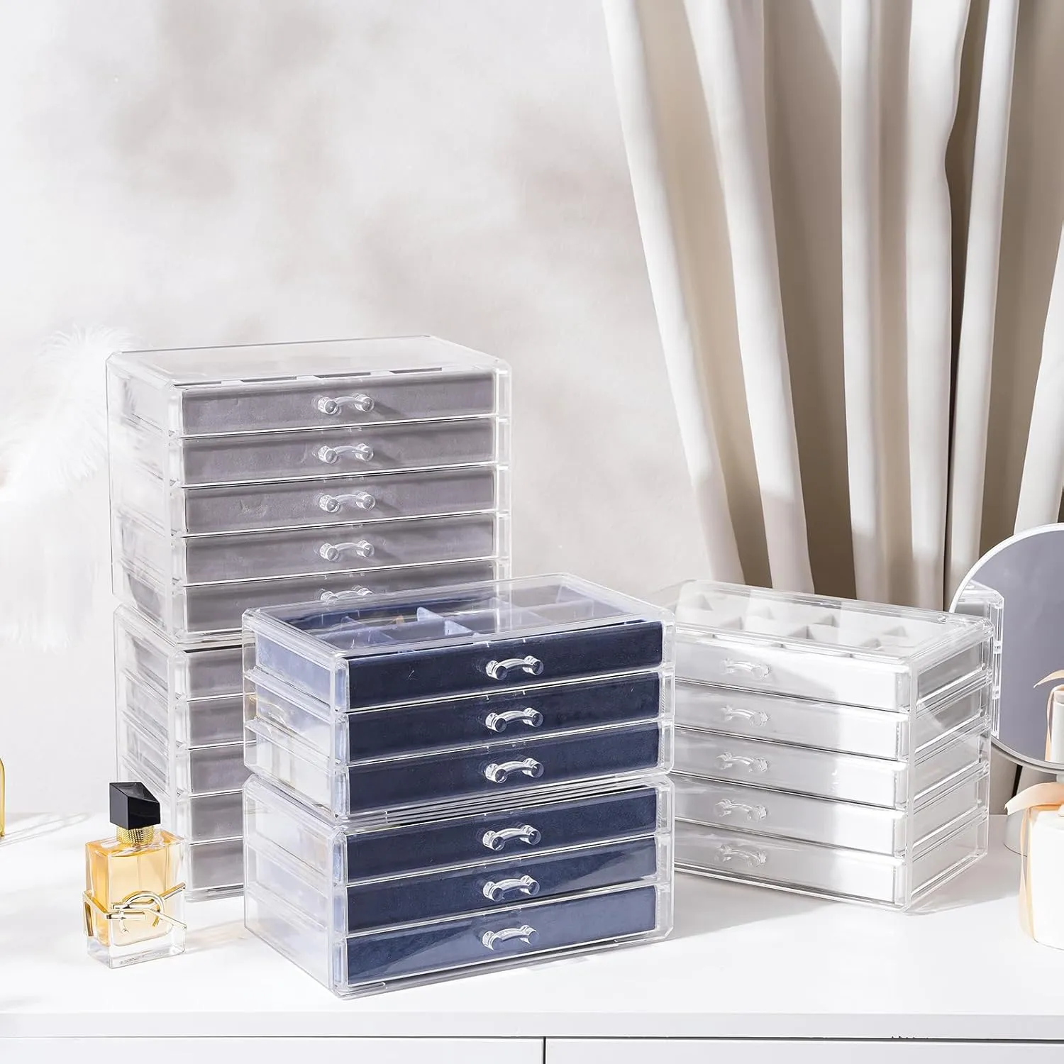 Lolalet Earring Holder Organizer Box Jewelry Storage with 4 Drawers, Clear Acrylic Stackable Earring Case with Adjustable Velvet Trays for Women on Dresser Vanity -Blue, 4 Layers