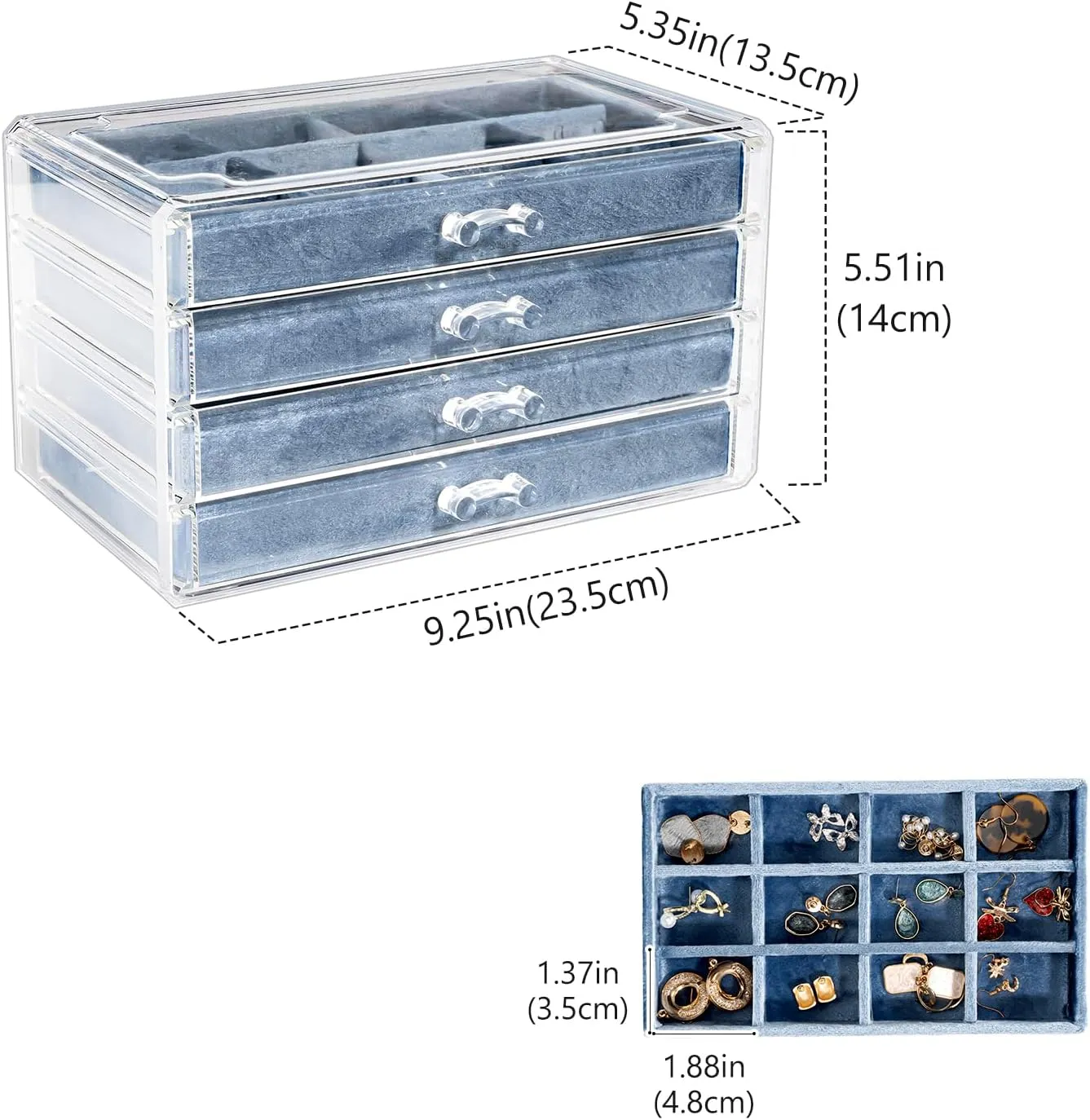 Lolalet Earring Holder Organizer Box Jewelry Storage with 4 Drawers, Clear Acrylic Stackable Earring Case with Adjustable Velvet Trays for Women on Dresser Vanity -Blue, 4 Layers