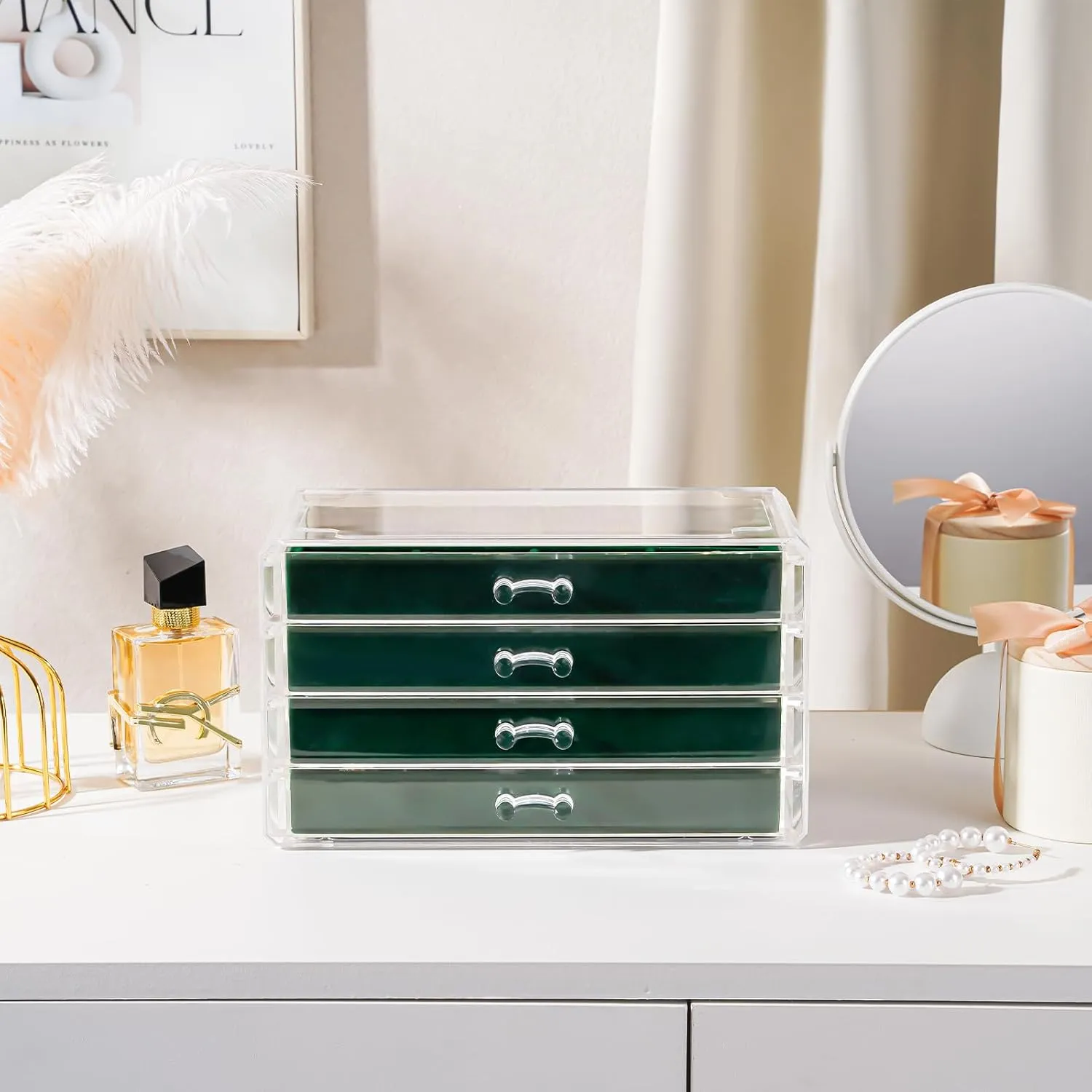 Lolalet Earring Holder Organizer Box Jewelry Storage with 4 Drawers, Clear Acrylic Stackable Earring Case with Adjustable Velvet Trays for Women on Dresser Vanity -Emerald, 4 Layers