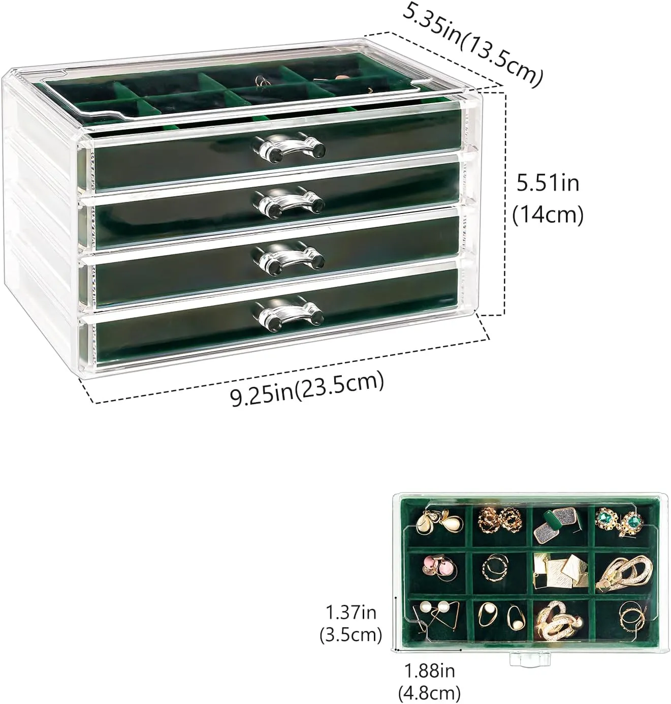 Lolalet Earring Holder Organizer Box Jewelry Storage with 4 Drawers, Clear Acrylic Stackable Earring Case with Adjustable Velvet Trays for Women on Dresser Vanity -Emerald, 4 Layers