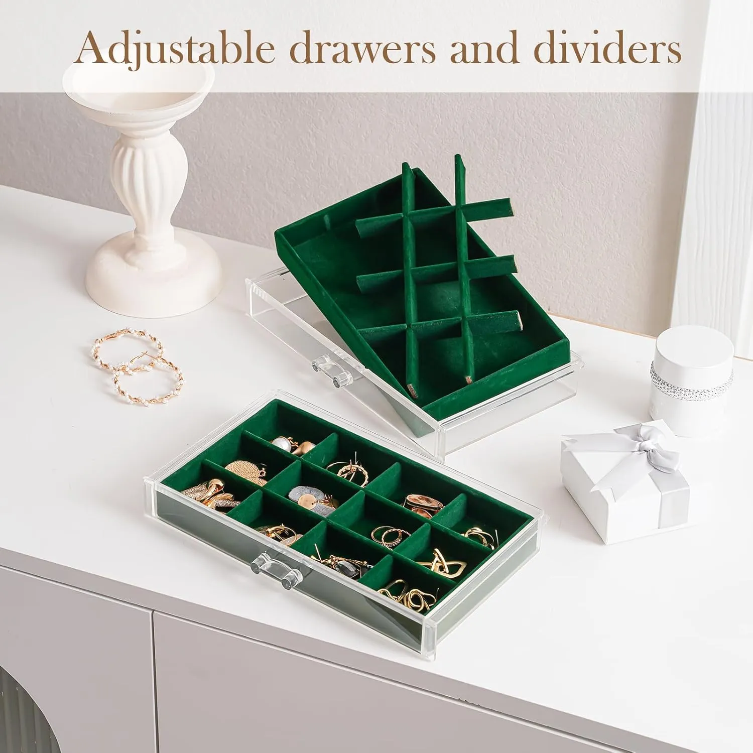 Lolalet Earring Holder Organizer Box Jewelry Storage with 4 Drawers, Clear Acrylic Stackable Earring Case with Adjustable Velvet Trays for Women on Dresser Vanity -Emerald, 4 Layers