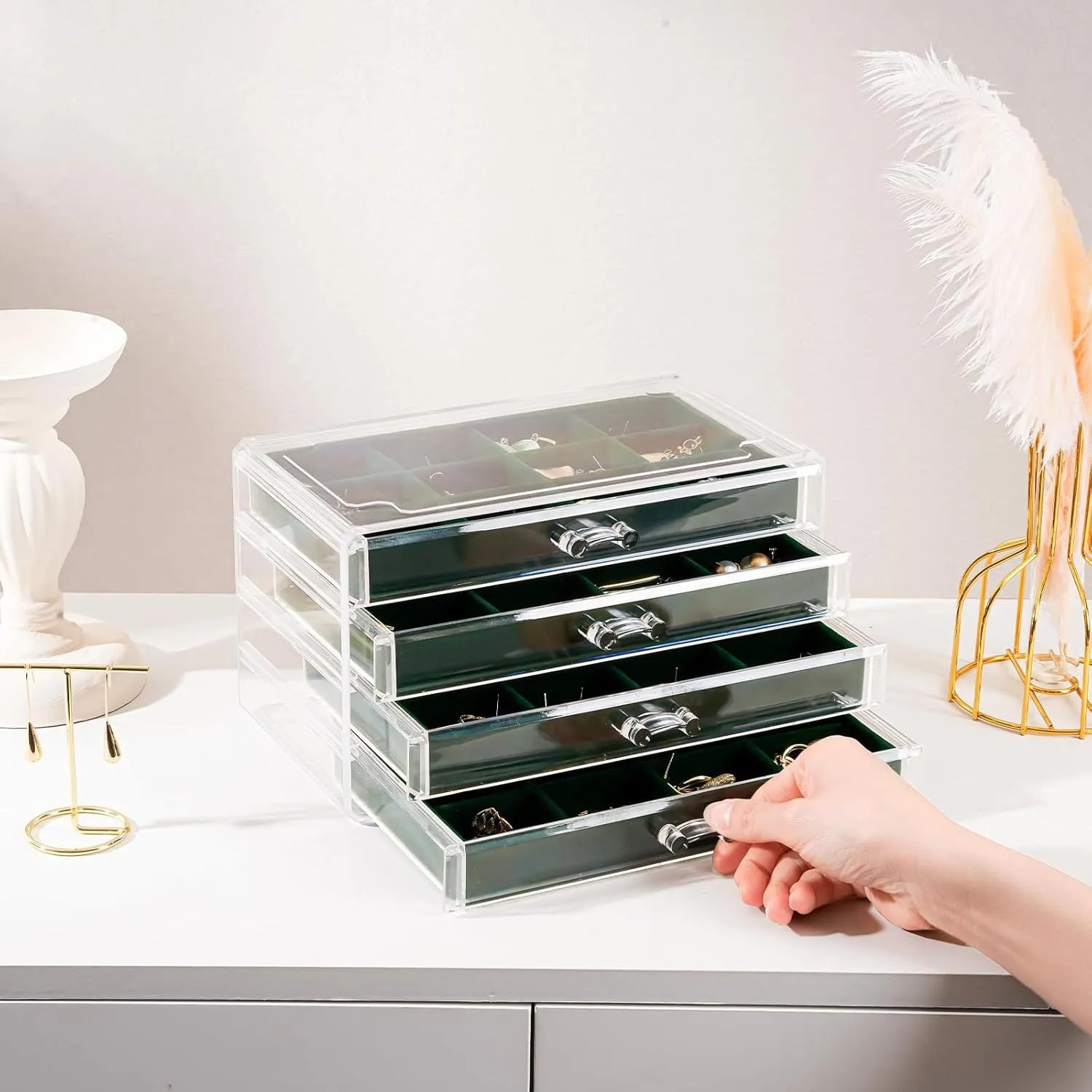 Lolalet Earring Holder Organizer Box Jewelry Storage with 4 Drawers, Clear Acrylic Stackable Earring Case with Adjustable Velvet Trays for Women on Dresser Vanity -Emerald, 4 Layers