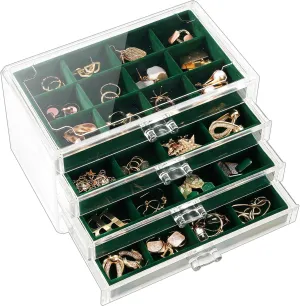 Lolalet Earring Holder Organizer Box Jewelry Storage with 4 Drawers, Clear Acrylic Stackable Earring Case with Adjustable Velvet Trays for Women on Dresser Vanity -Emerald, 4 Layers