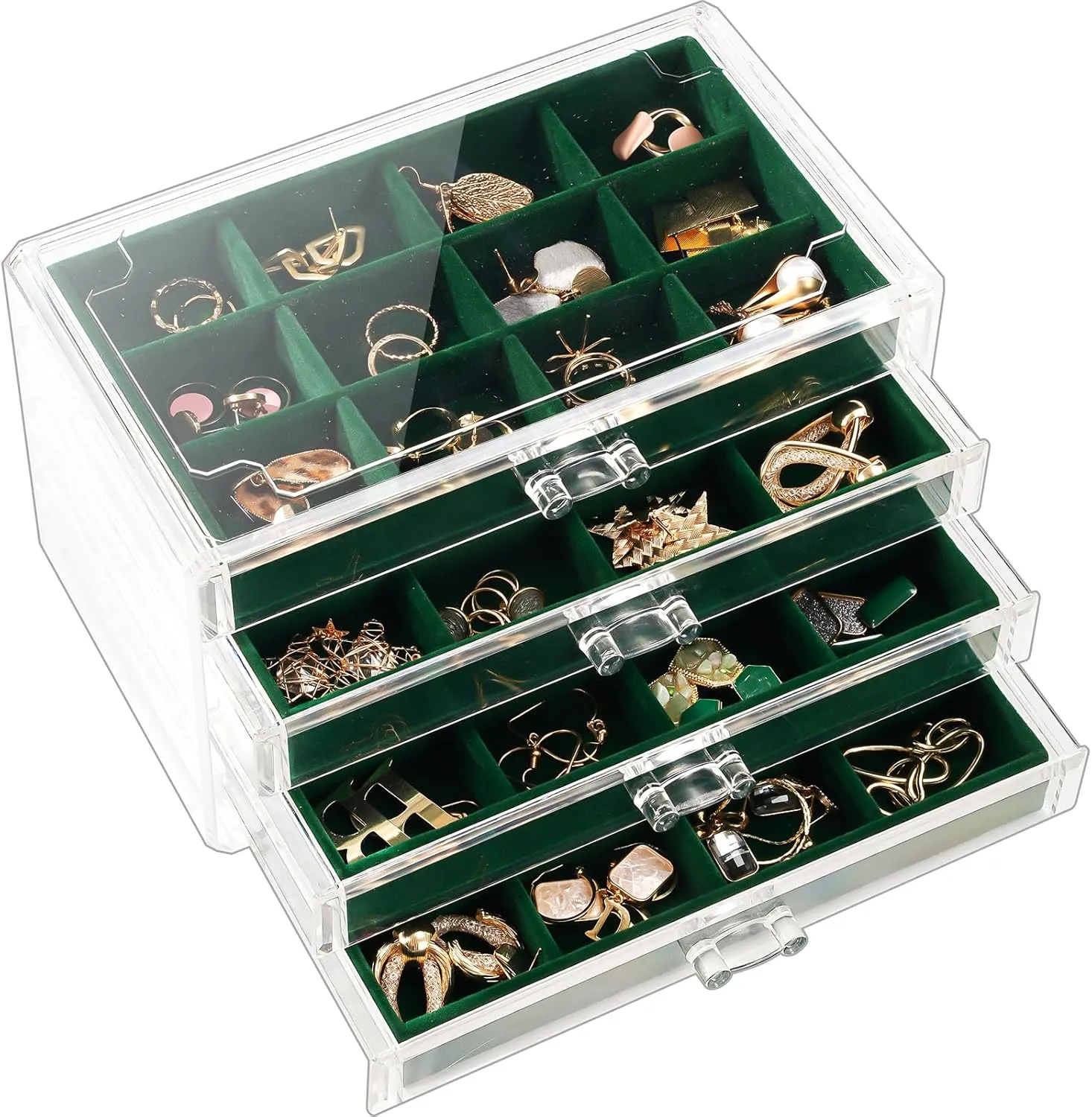 Lolalet Earring Holder Organizer Box Jewelry Storage with 4 Drawers, Clear Acrylic Stackable Earring Case with Adjustable Velvet Trays for Women on Dresser Vanity -Emerald, 4 Layers