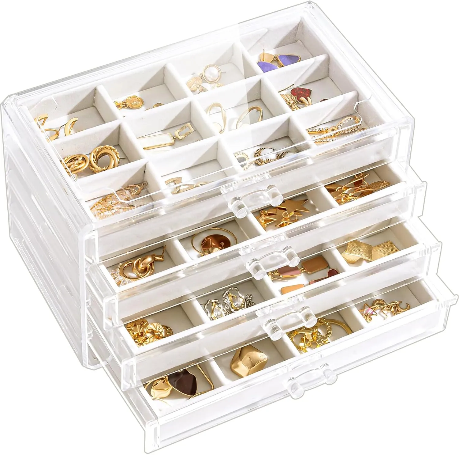 Lolalet Earring Holder Organizer Box Jewelry Storage with 4 Drawers, Clear Acrylic Stackable Earring Case with Adjustable Velvet Trays for Women on Dresser Vanity -Warmwhite, 4 Layers