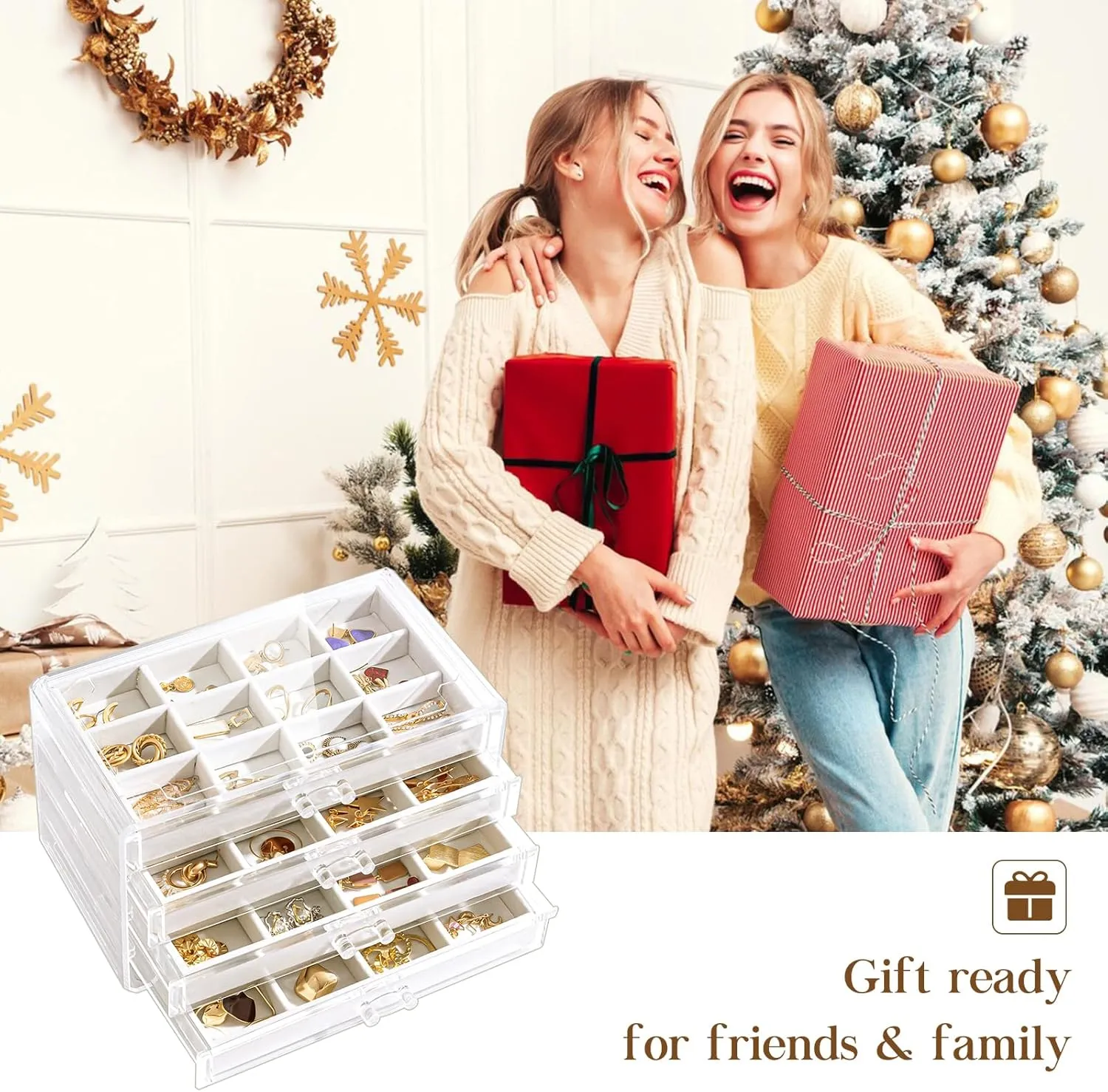 Lolalet Earring Holder Organizer Box Jewelry Storage with 4 Drawers, Clear Acrylic Stackable Earring Case with Adjustable Velvet Trays for Women on Dresser Vanity -Warmwhite, 4 Layers