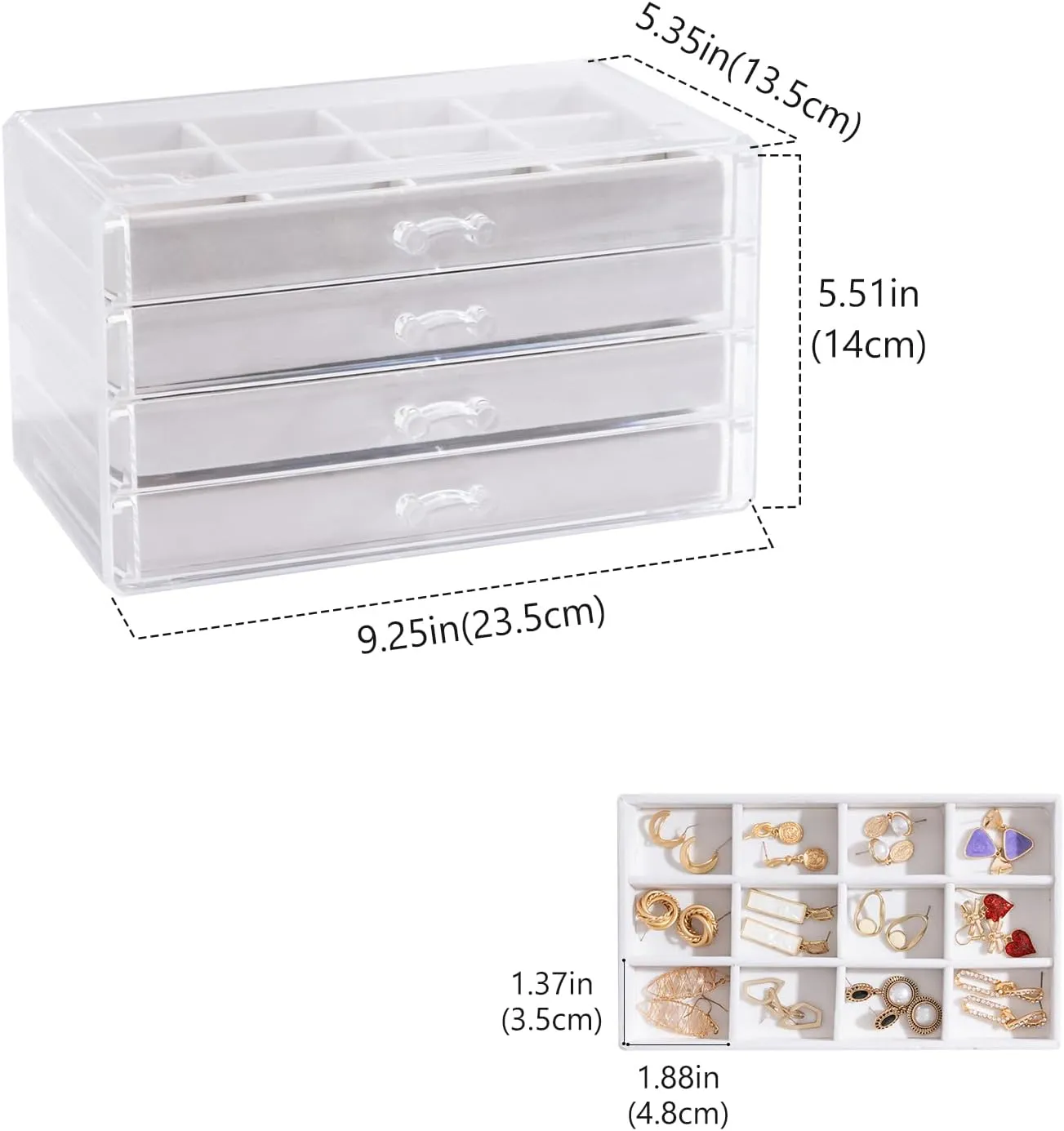 Lolalet Earring Holder Organizer Box Jewelry Storage with 4 Drawers, Clear Acrylic Stackable Earring Case with Adjustable Velvet Trays for Women on Dresser Vanity -Warmwhite, 4 Layers