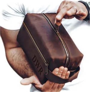Mens Waterproof Dopp Kit ?C Crafted in USA ?C Ideal Gift for Husband, Dad, Groomsmen, Boyfriend & Father Day ?C Genuine Leather Toiletry Bag Customized Name or Initials ?C Personalized Travel Bag for Men