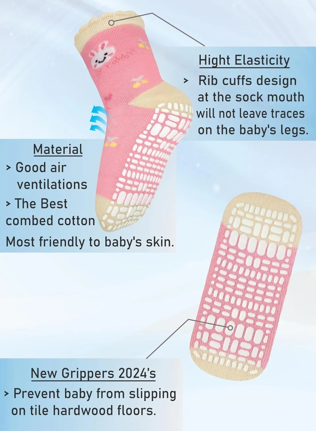 RATIVE Non Skid Anti Slip Cotton Dress Crew Socks With Grips For Baby Infant Toddler Kids Girls